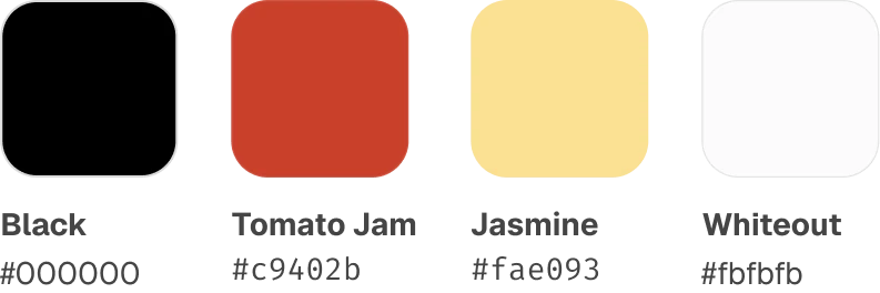 Four rounded squares in black, red, pale yellow, and white with related color names beneath each.