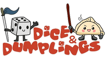 Cartoon dice with a flag and dumpling holding a stick, with 'Dice & Dumplings' text below.