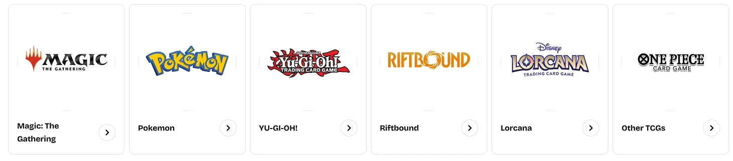 Logos of six trading card games: Magic The Gathering, Pokemon, Yu-Gi-Oh!, Riftbound, Disney Lorcana, and One Piece.