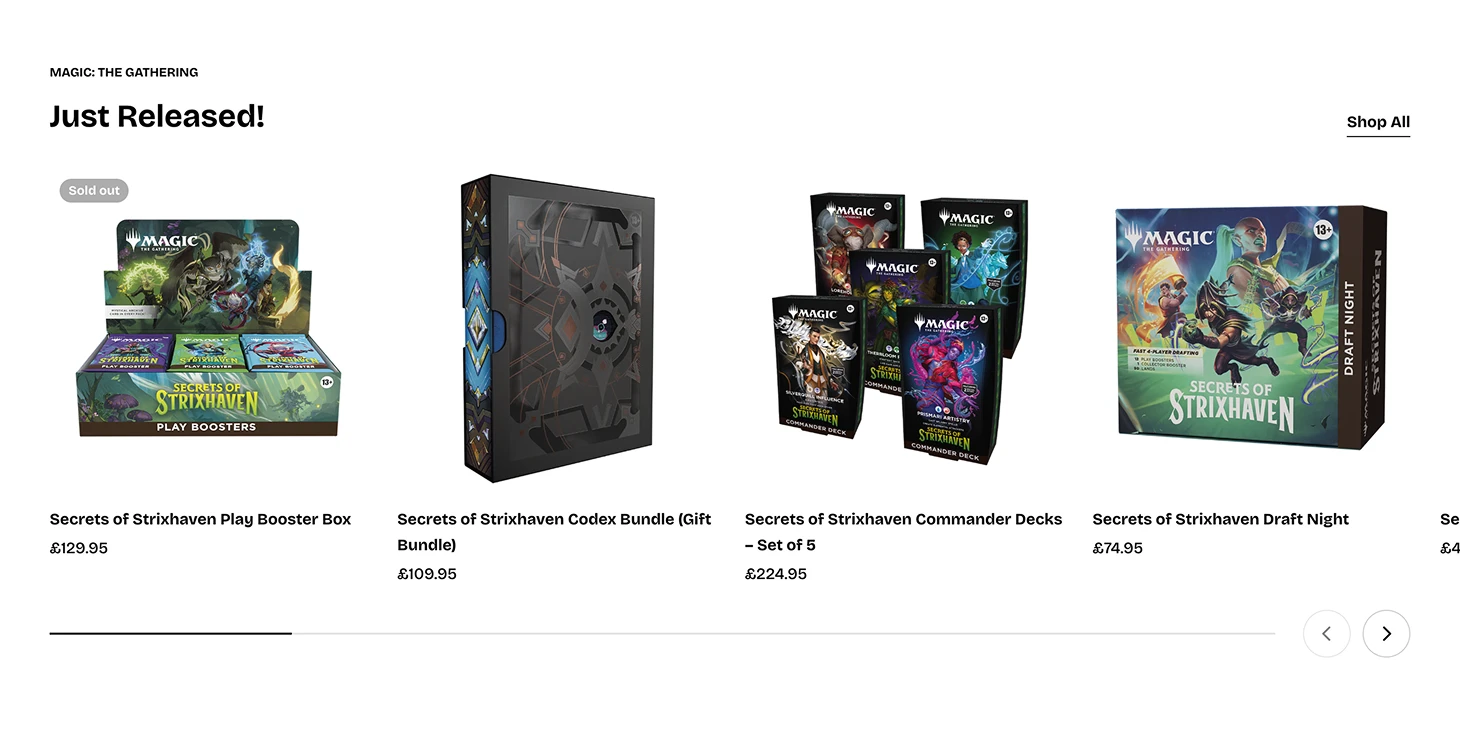 Magic: The Gathering Secrets of Strixhaven product line: booster box, codex bundle, commander decks, draft night set.