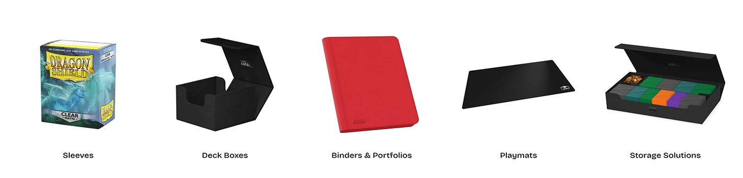 Five gaming accessories: card sleeves, black deck box, red binder, black playmat, and storage box with colorful dividers.