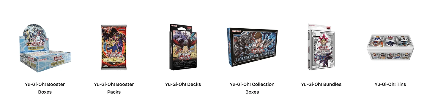 Six Yu-Gi-Oh! product images including booster boxes, packs, decks, collection box, bundles, and card tins.