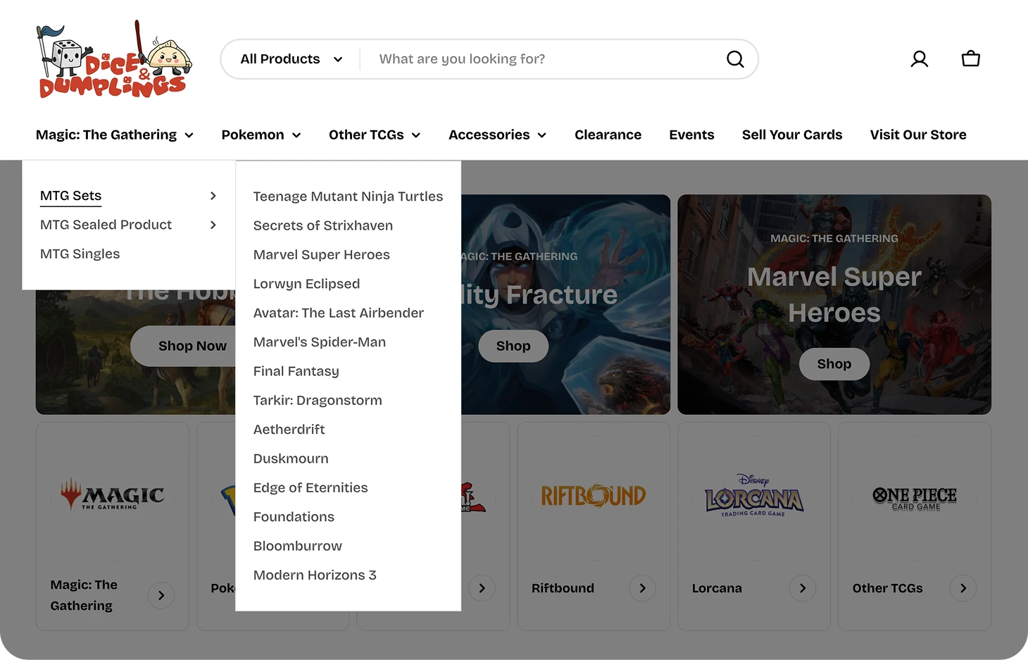 Website menu of Dice & Dumplings with dropdowns for Magic: The Gathering and other TCG products.