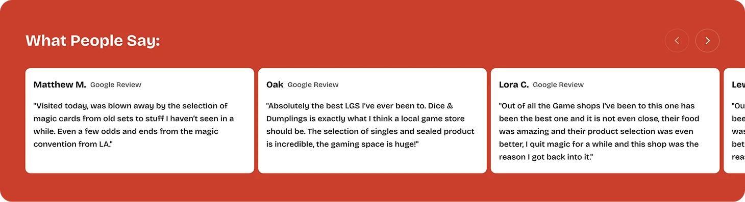 Customer reviews praising the game store's Magic card selection, gaming space, food, and product variety.
