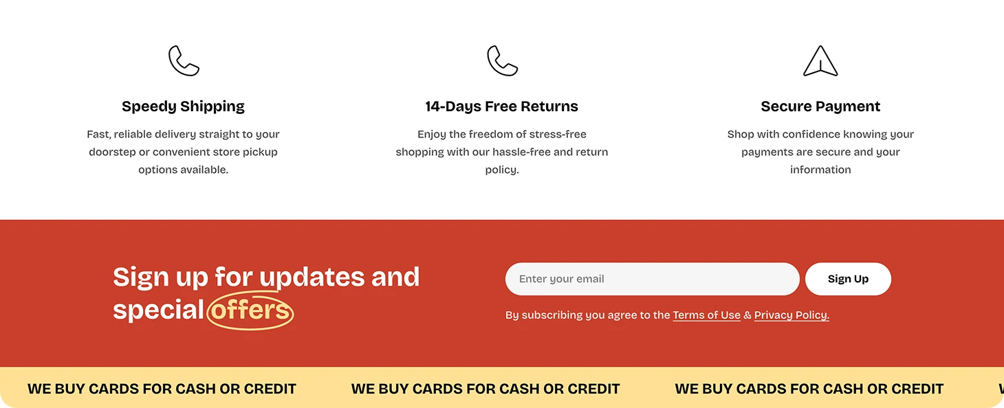 Three icons with text: speedy shipping, 14-days free returns, secure payment, and email sign-up form below.