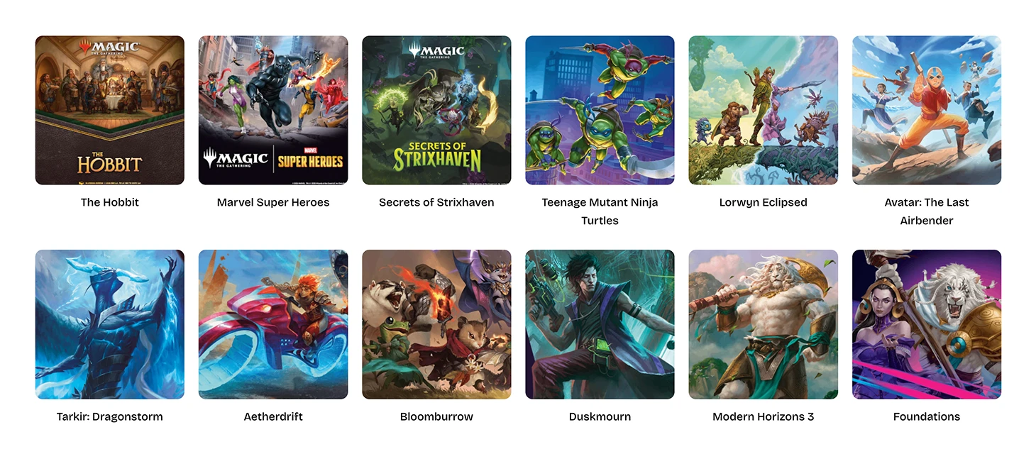 Grid of Magic: The Gathering card set covers including The Hobbit, Marvel, Strixhaven, TMNT, Lorwyn, Avatar, and others.