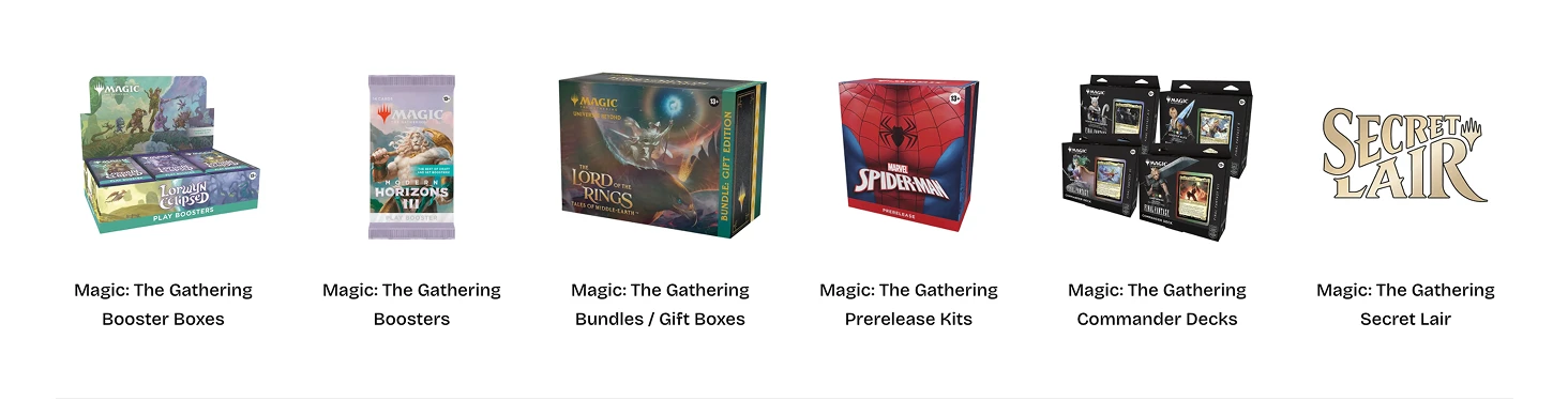 Six Magic: The Gathering products: Booster Boxes, Boosters, Bundles, Prerelease Kits, Commander Decks, Secret Lair logo.