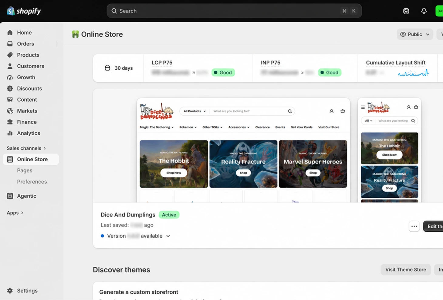 Shopify dashboard showing active online store with product themes for Magic: The Gathering cards.