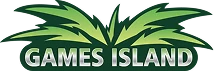 Logo with stylized green palm leaves above the words GAMES ISLAND in white and green text.