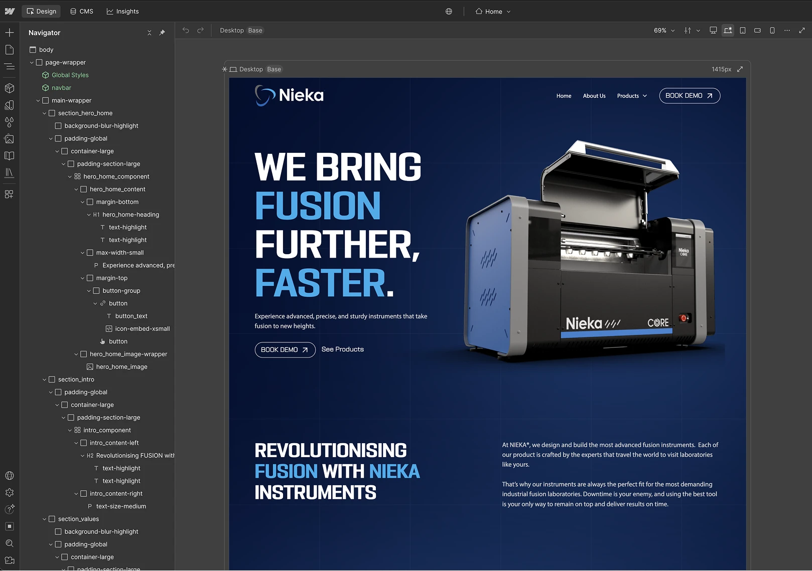 Website design UI showing industrial fusion instrument and bold text promoting Niekas advanced fusion instruments.