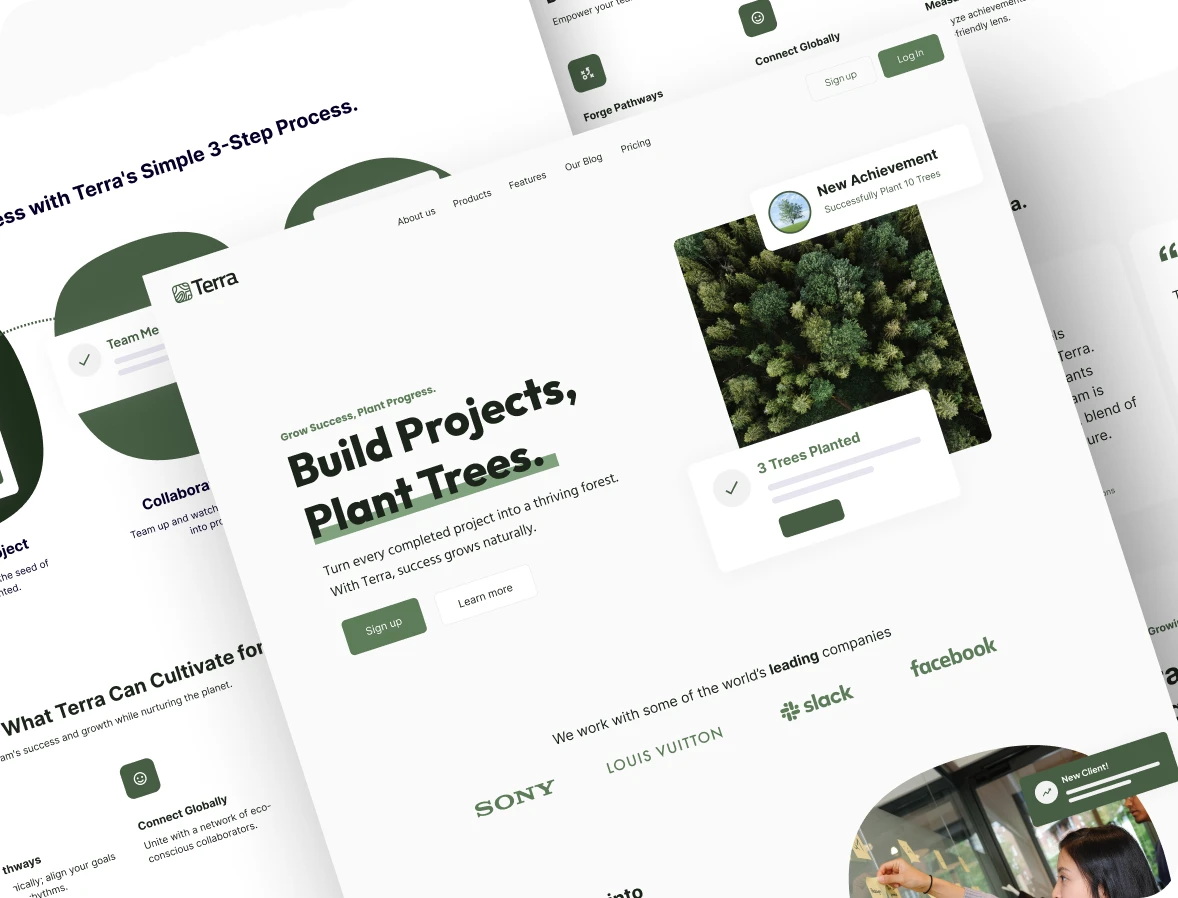 Website page showing Terra's project to plant trees with stats and logos of partners like Sony and Slack.