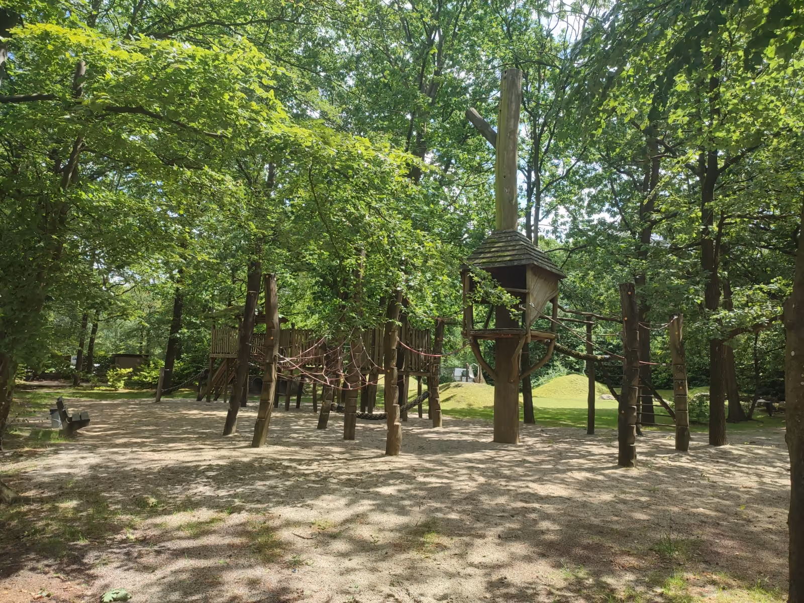 Wooden playground structure with ropes and platforms under green leafy trees on a sandy ground.