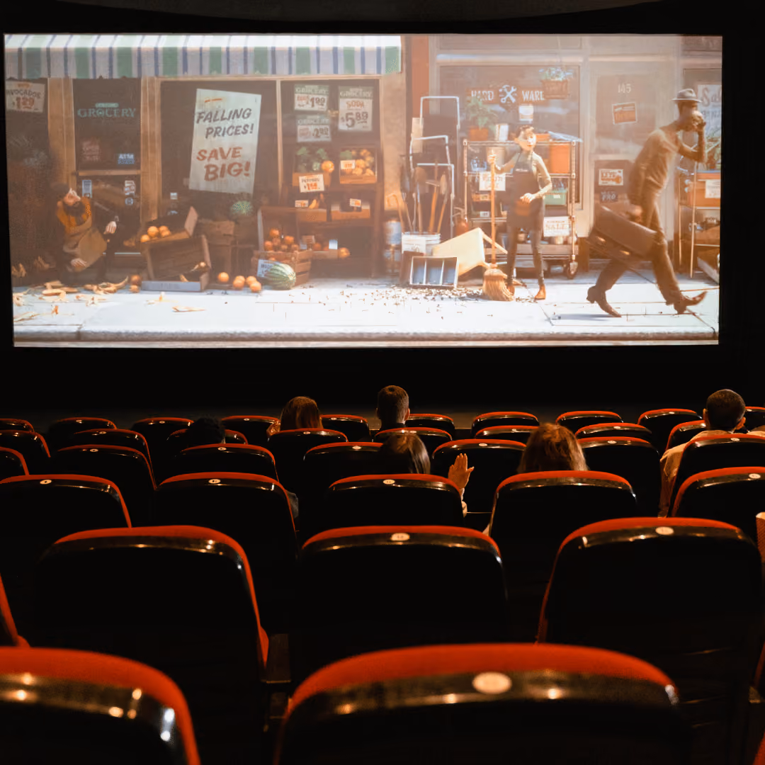 Audience seated in a theater watching an animated movie scene of a street market with people and fruits.
