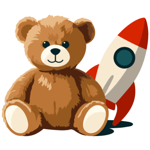 Brown teddy bear sitting in front of a red and white toy rocket.
