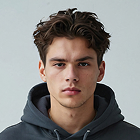 Young man with tousled brown hair wearing a dark hoodie against a plain light gray background.