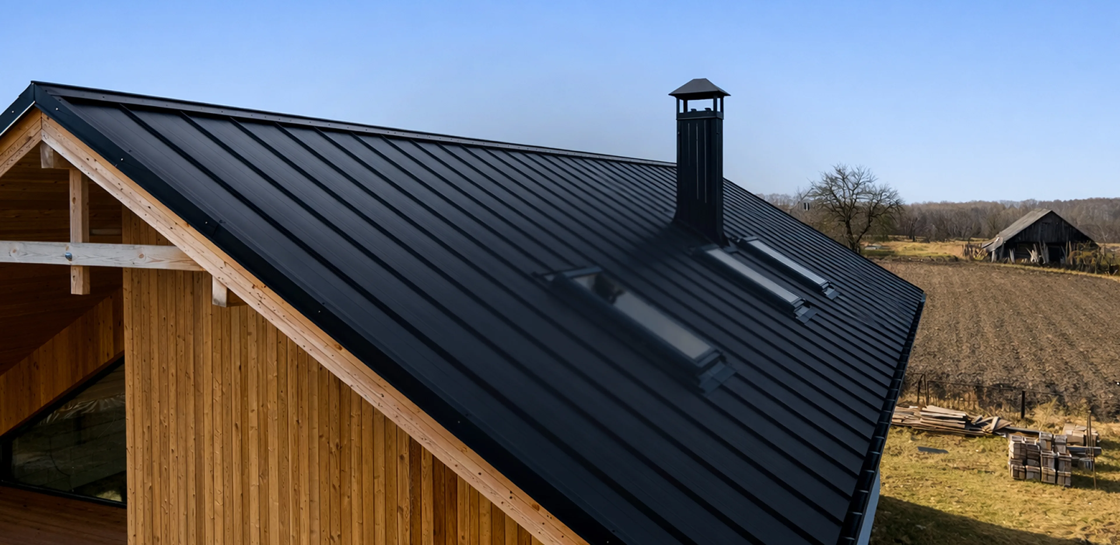 Modern wooden house with a black metal roof featuring a chimney and two skylights, set in a rural area with fields and a barn in the background.
