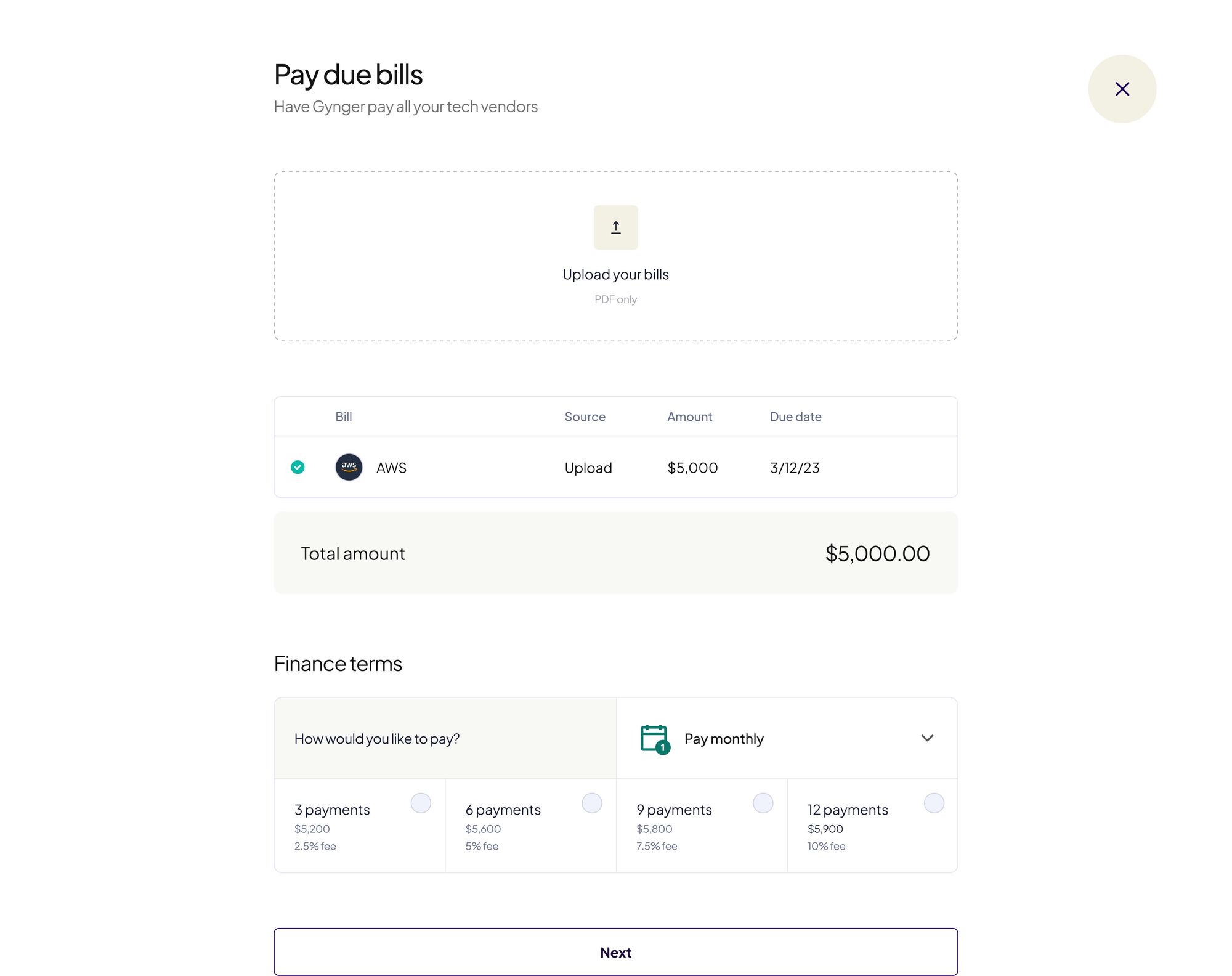 Advance Cash bills dashboard