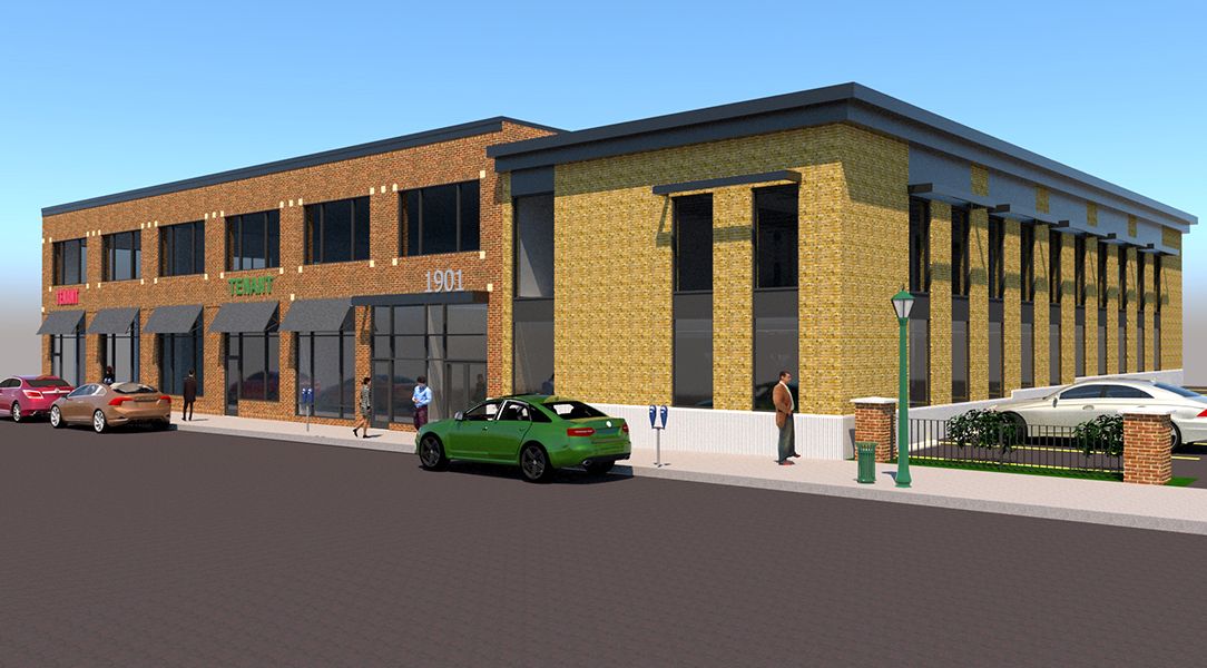 Architectural rendering of the building showing the brown brick and gold brick wings with black storefront awnings