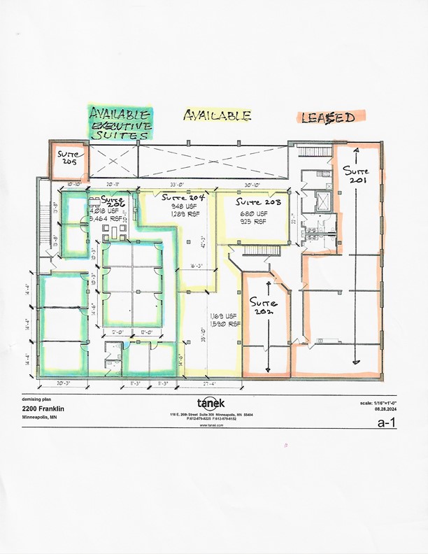 Second floor demising plan for 2200 Franklin showing Suites 201 to 205