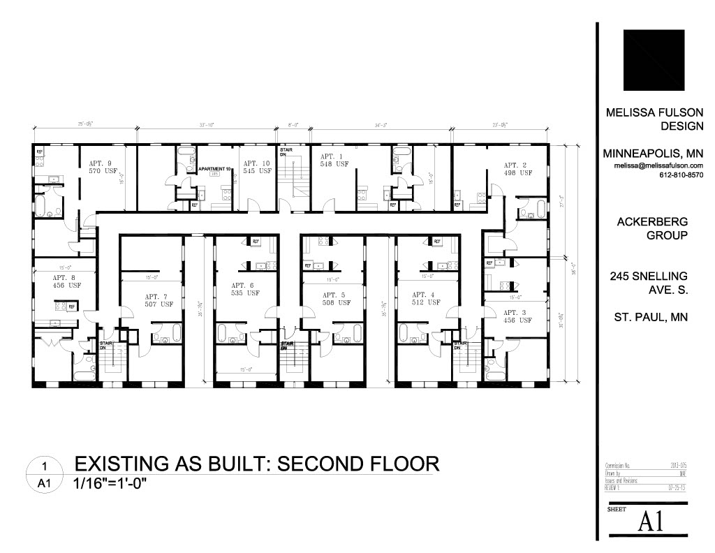 Second floor plan drawing showing ten apartment units with unit numbers and square footages