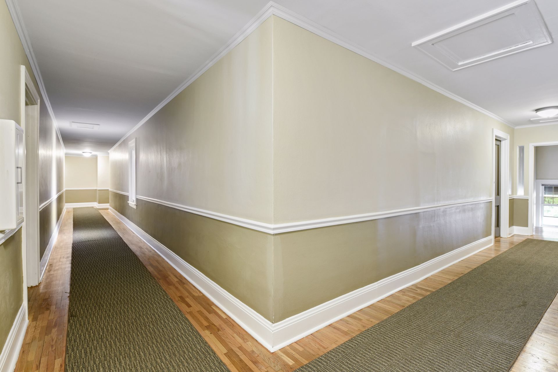 Residential corridor with two-tone painted walls, a chair rail and a carpet runner over a wood floor