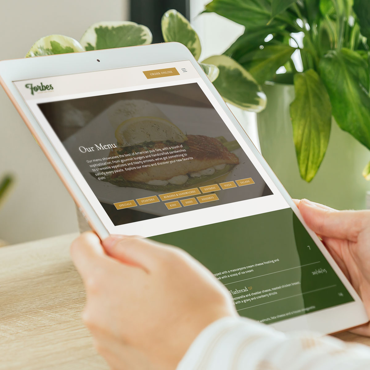 Forbes Tavern menu page shown on a tablet