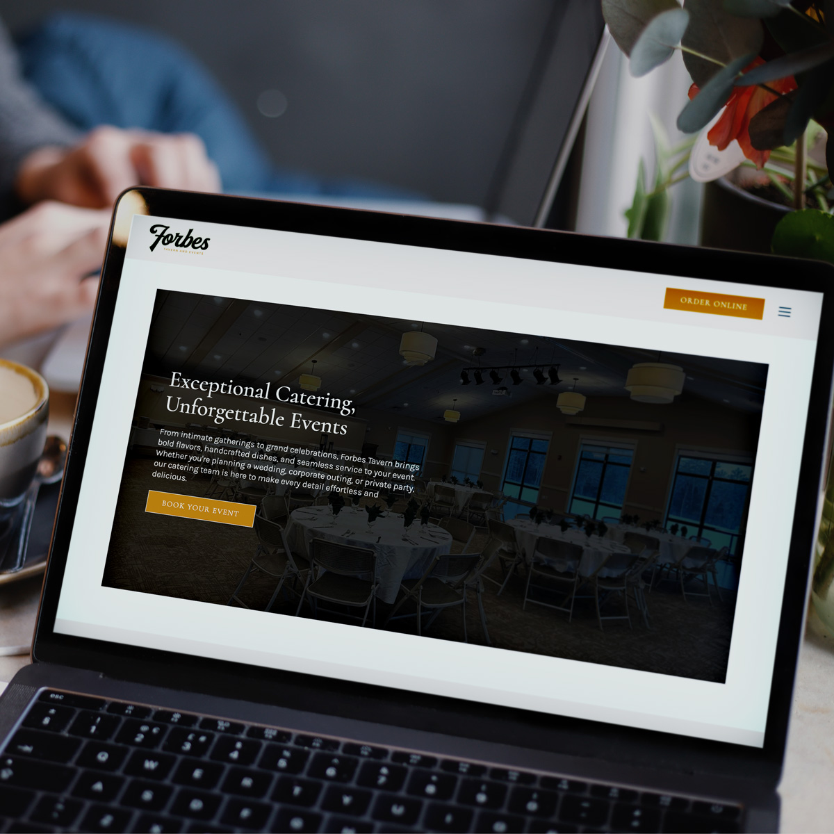 Forbes Tavern catering and events page on a laptop