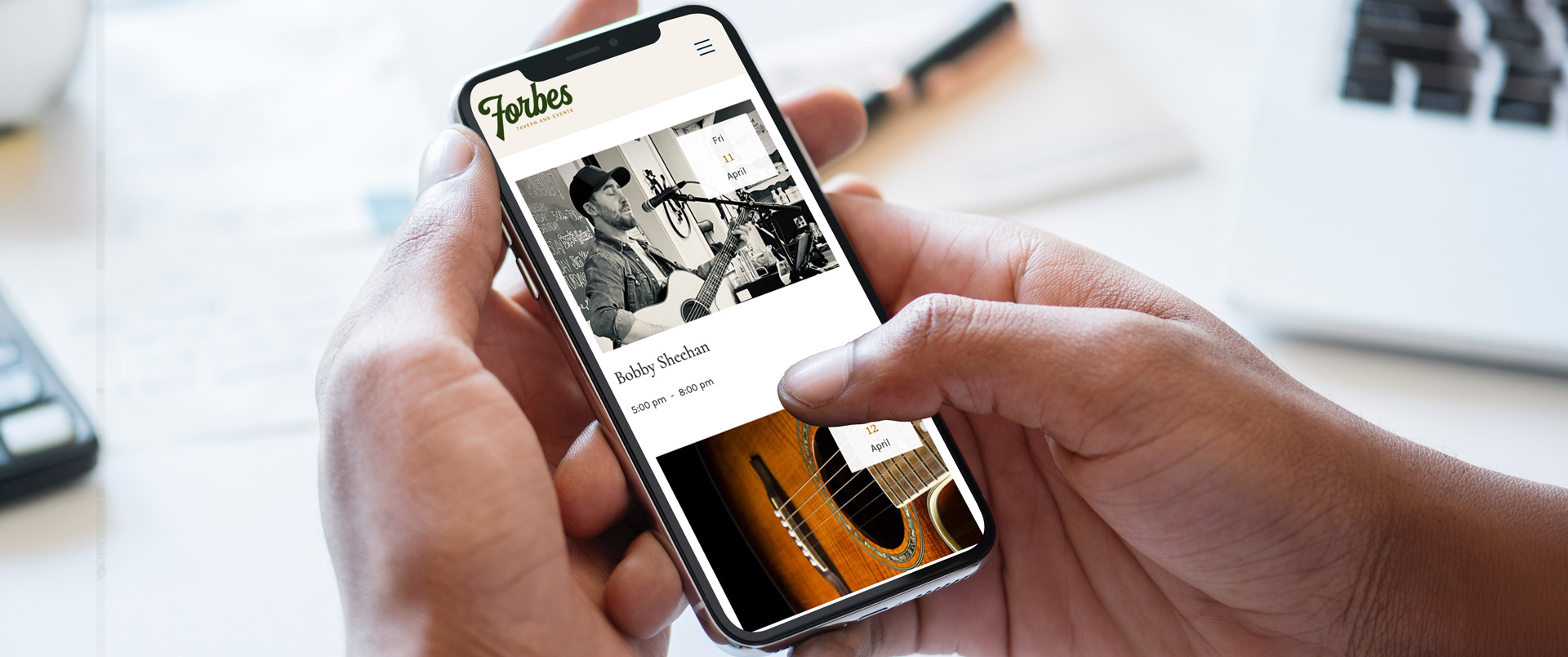 Mobile view of the Forbes Tavern & Events website on a smartphone