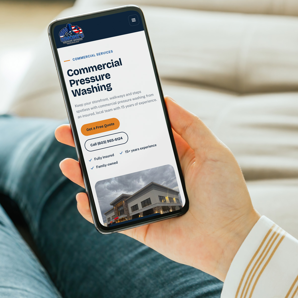 Simone's commercial pressure washing page on a smartphone