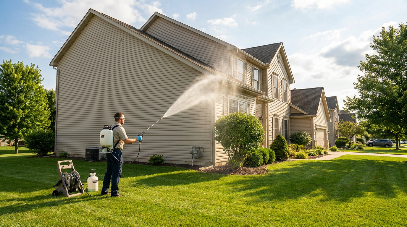 Technician soft washing the exterior siding of a two-story home in Mandeville, LA