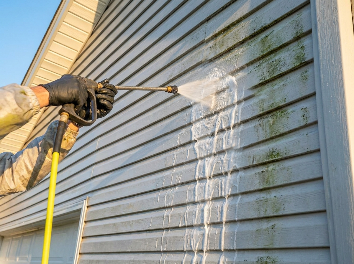 Close-up of professional house soft washing removing algae from home siding