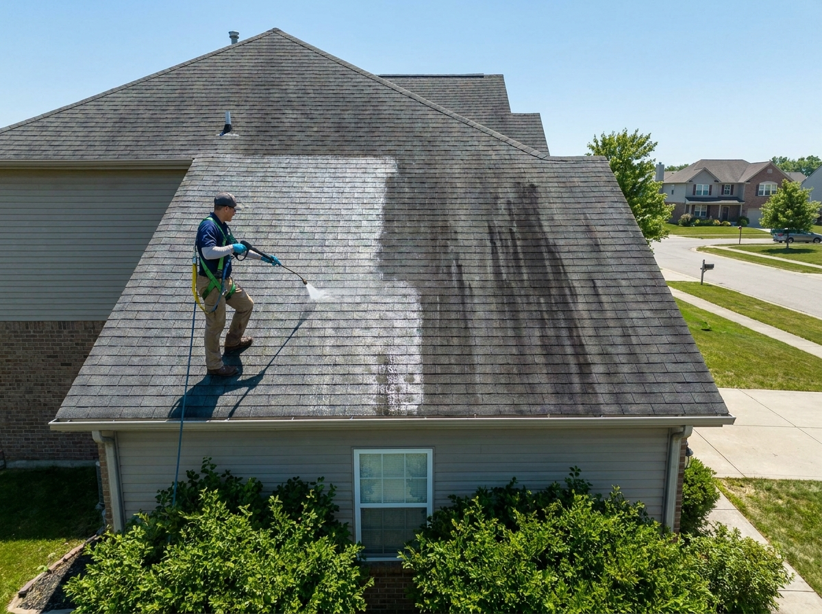 Roof washing technician removing black algae streaks from a shingle roof