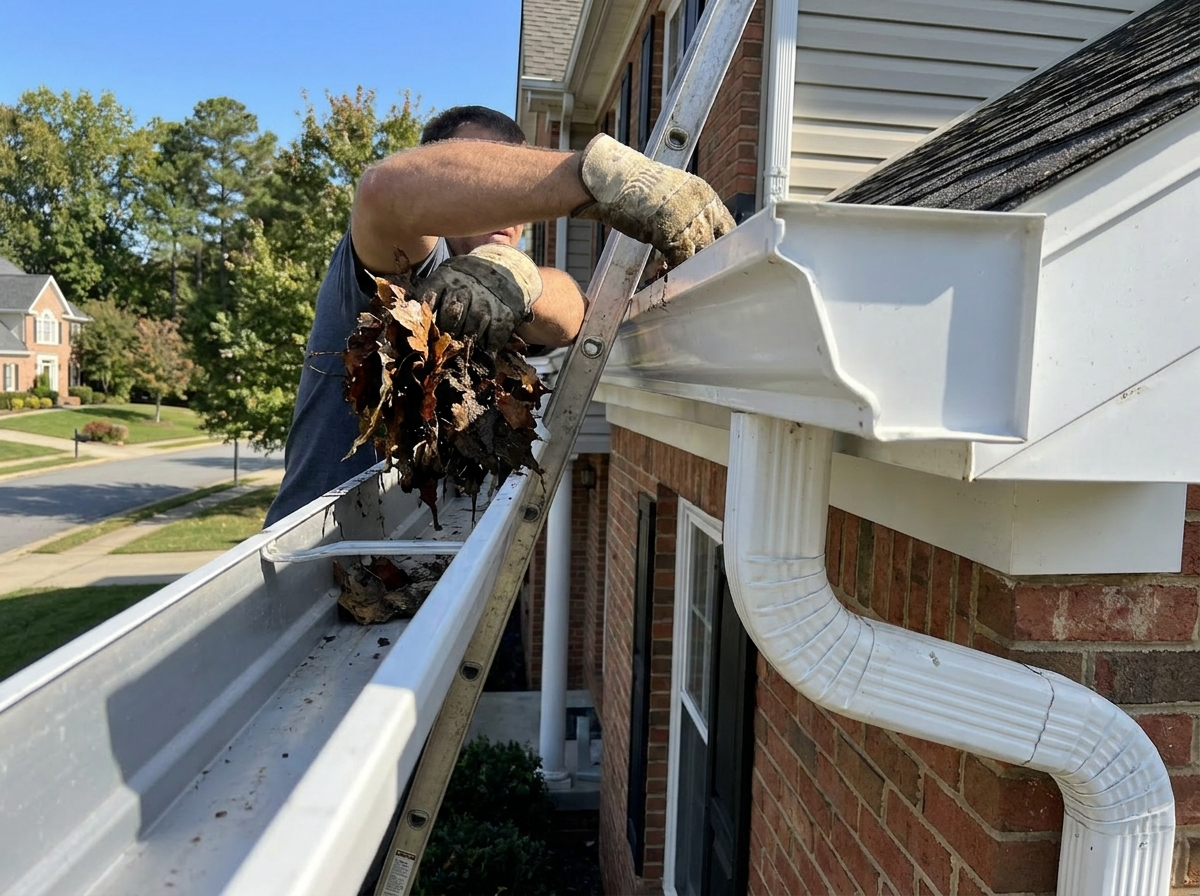 Gloved hands cleaning leaves and debris from a home rain gutter