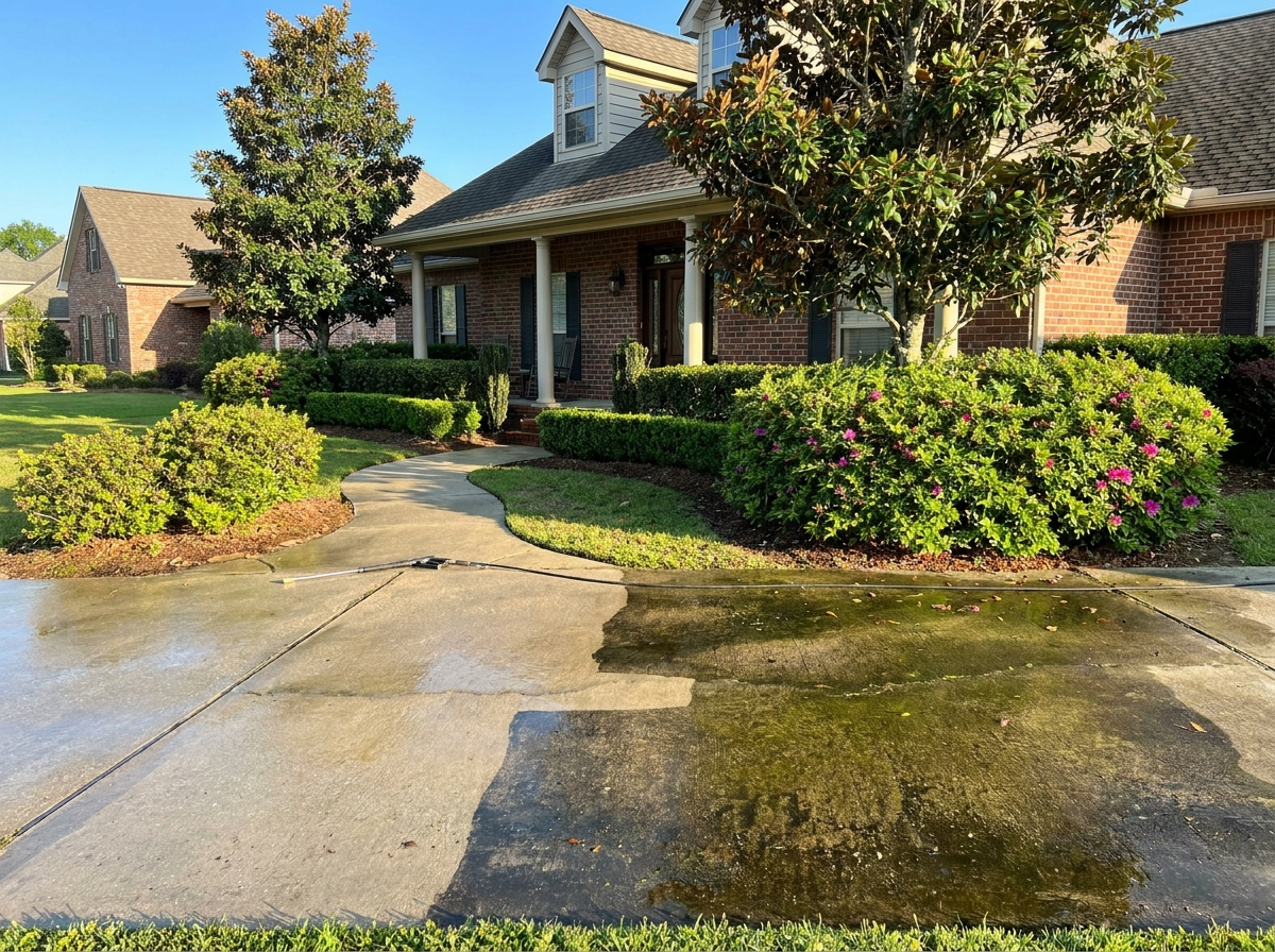Freshly pressure washed clean concrete driveway in front of a Louisiana home
