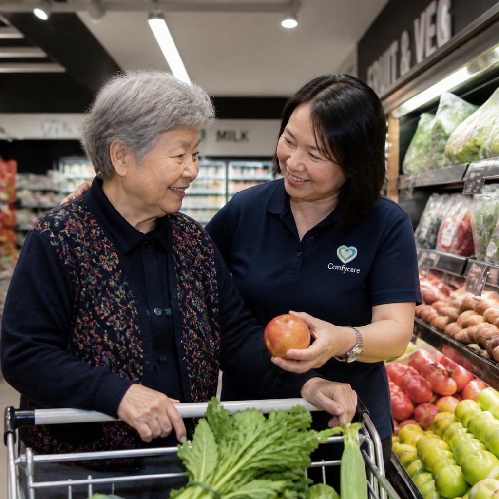 Support worker helping an older woman choose fresh vegetables while grocery shopping