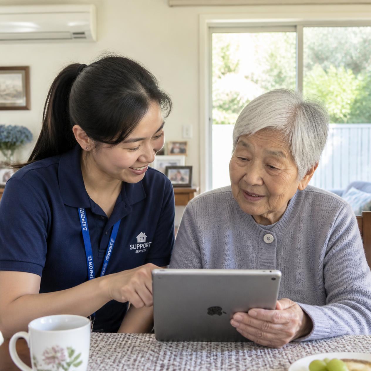 Care worker showing an older client how to use a tablet