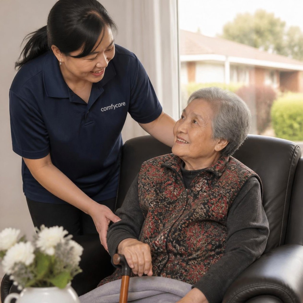 Support at Home carer with elderly client in Burwood