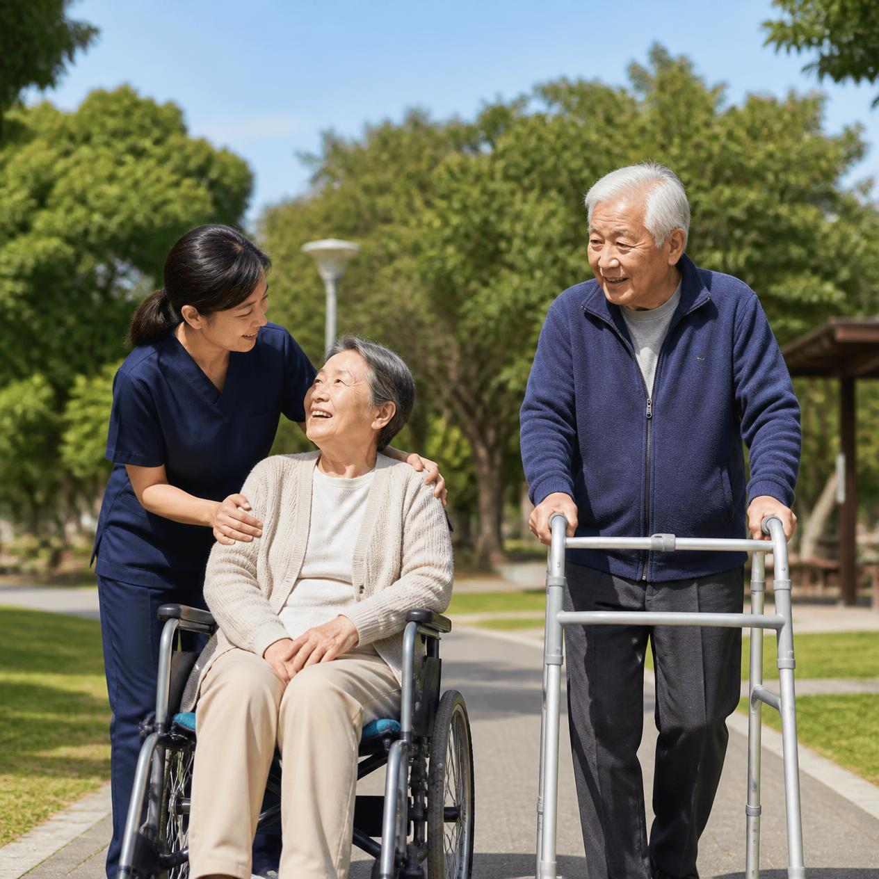 Carer accompanying an elderly client on a community outing