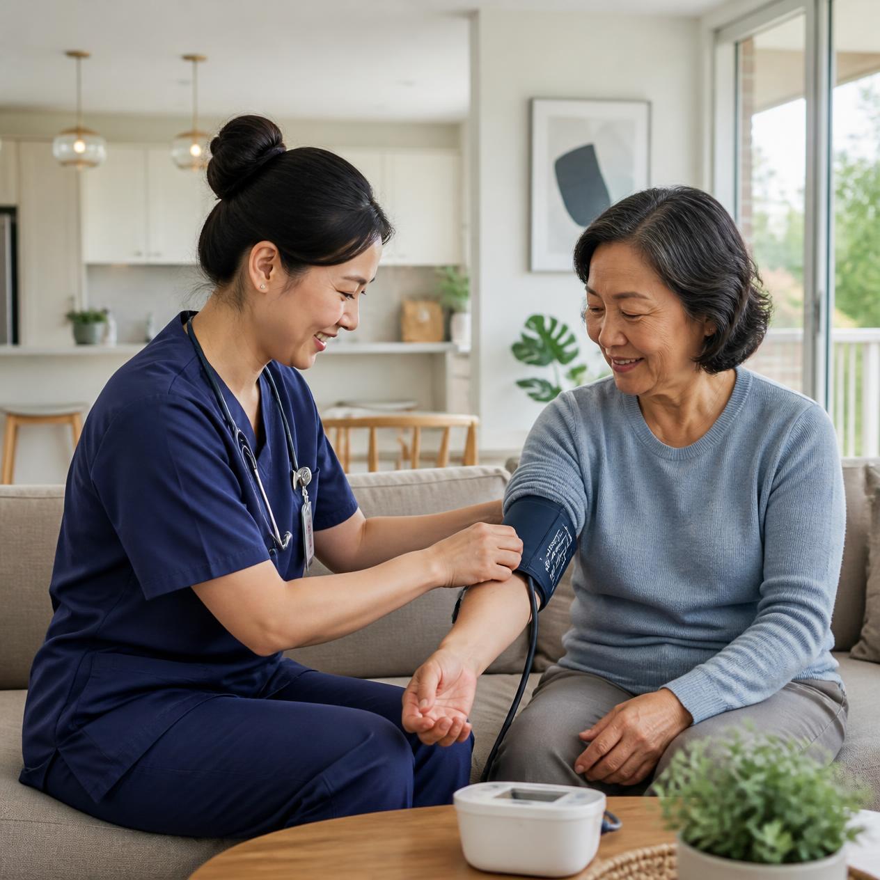 Support worker sitting with an older client for a friendly wellbeing check during a home visit