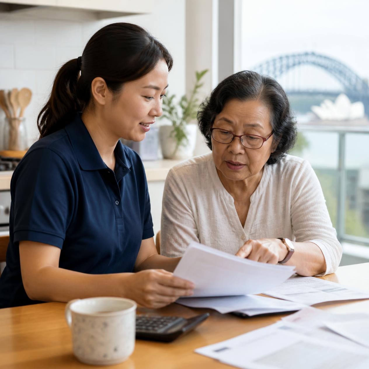 Care manager helping an older client manage personal affairs