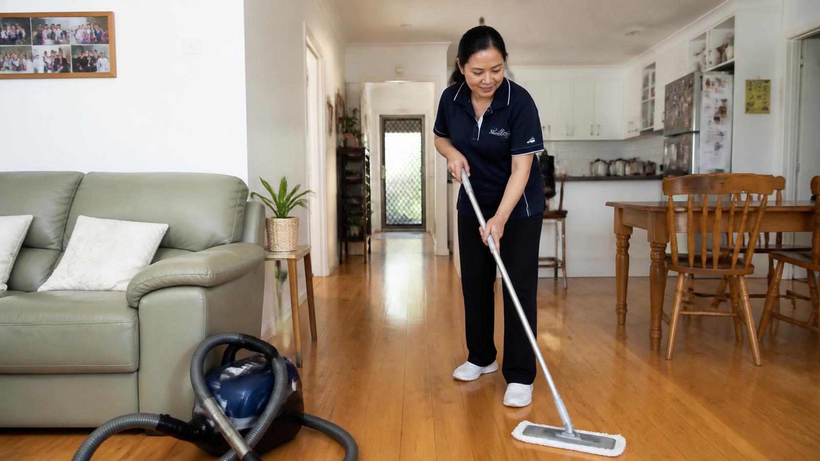 Home care worker vacuuming the living room for an elderly Sydney client