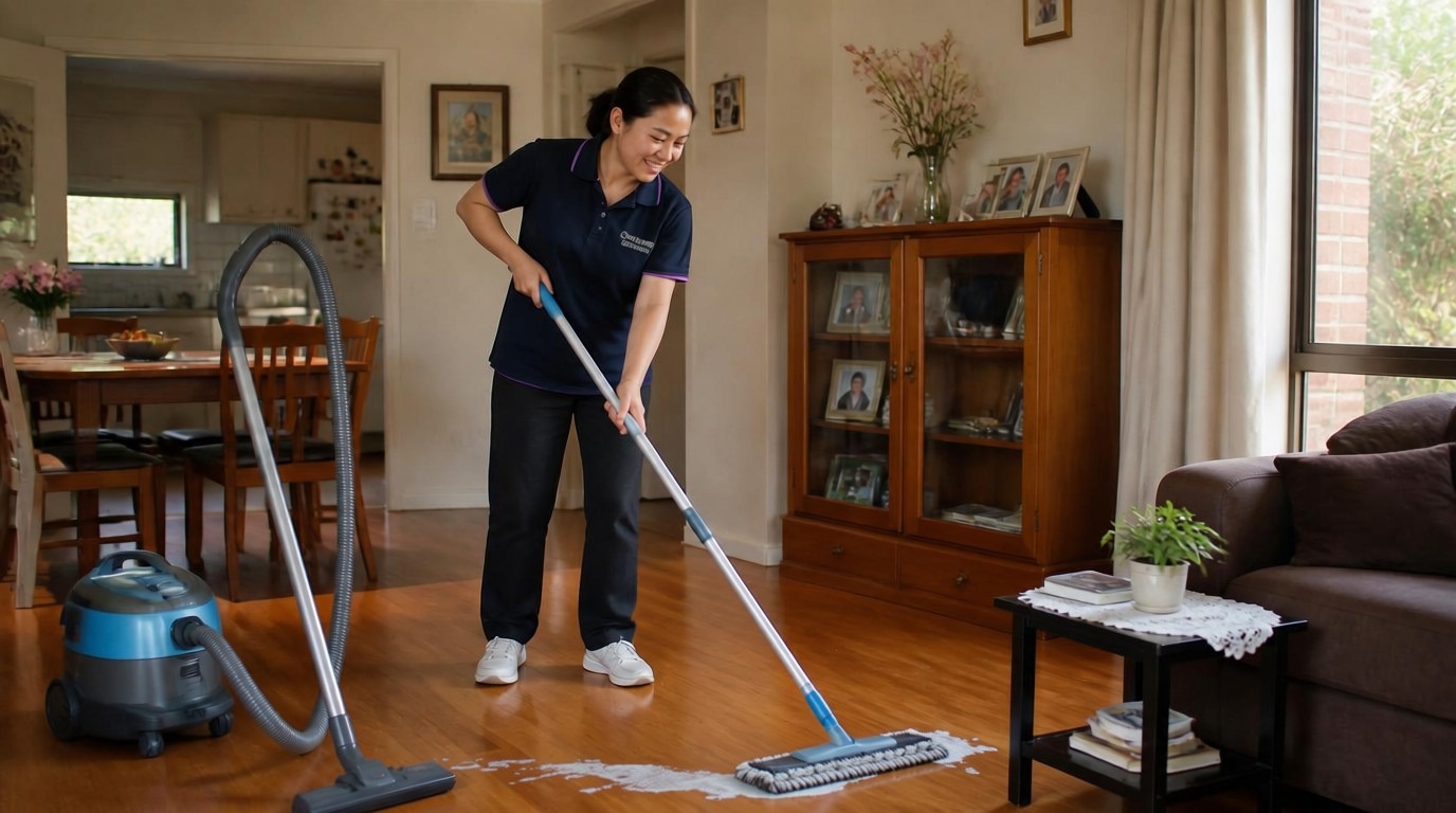 Domestic assistance worker cleaning an older client's home