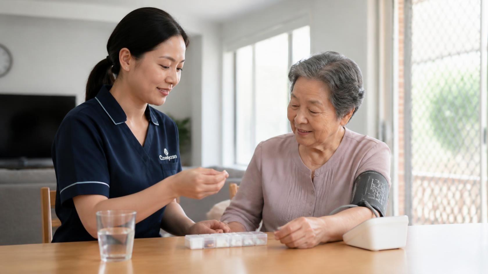 Comfy HomeCare worker checking blood pressure and medication