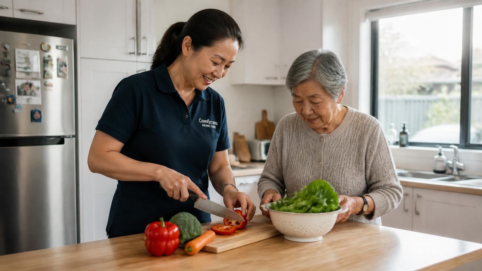 Comfy HomeCare worker preparing a meal with a client