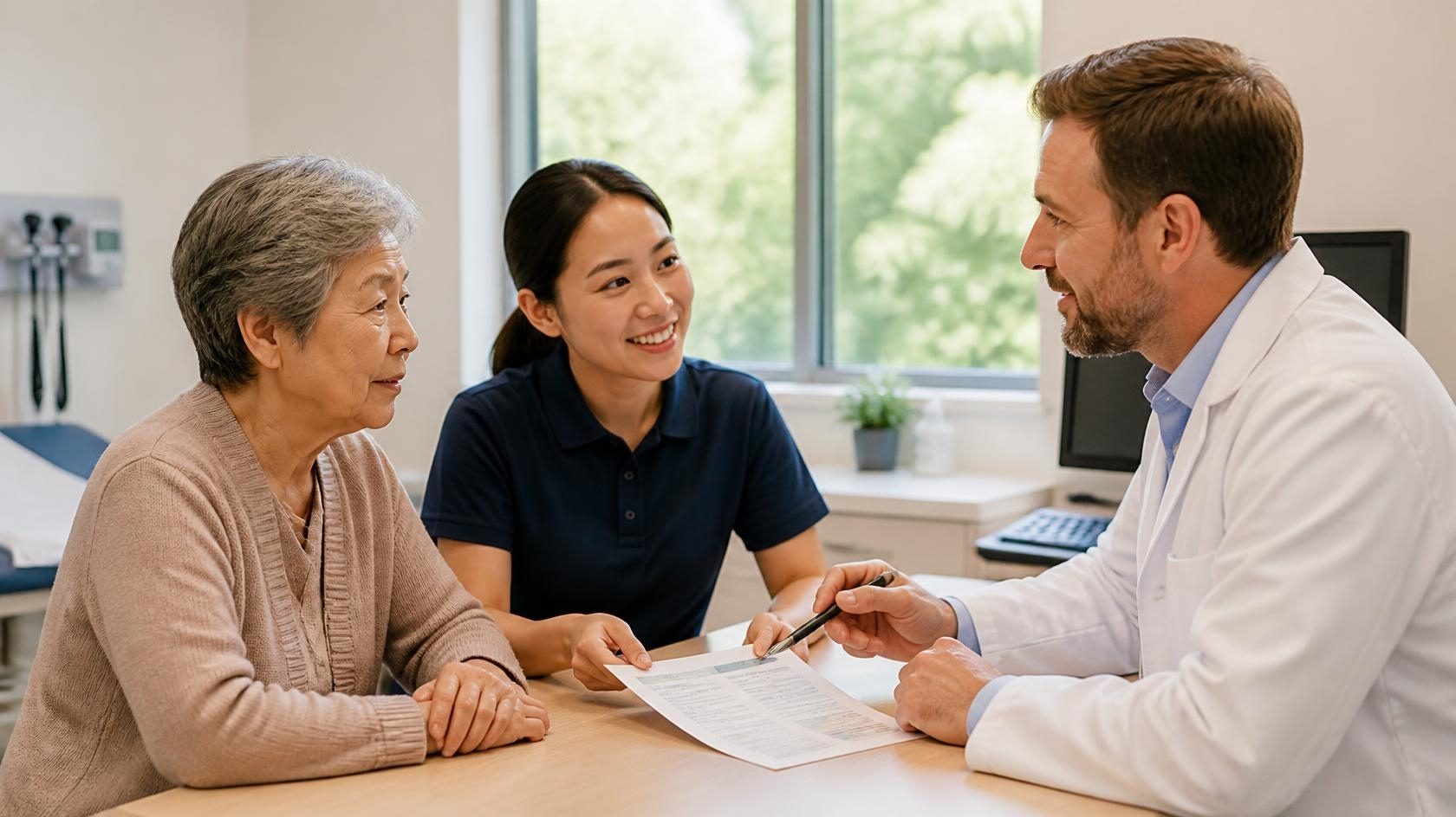 Support worker accompanying an older client to a medical appointment