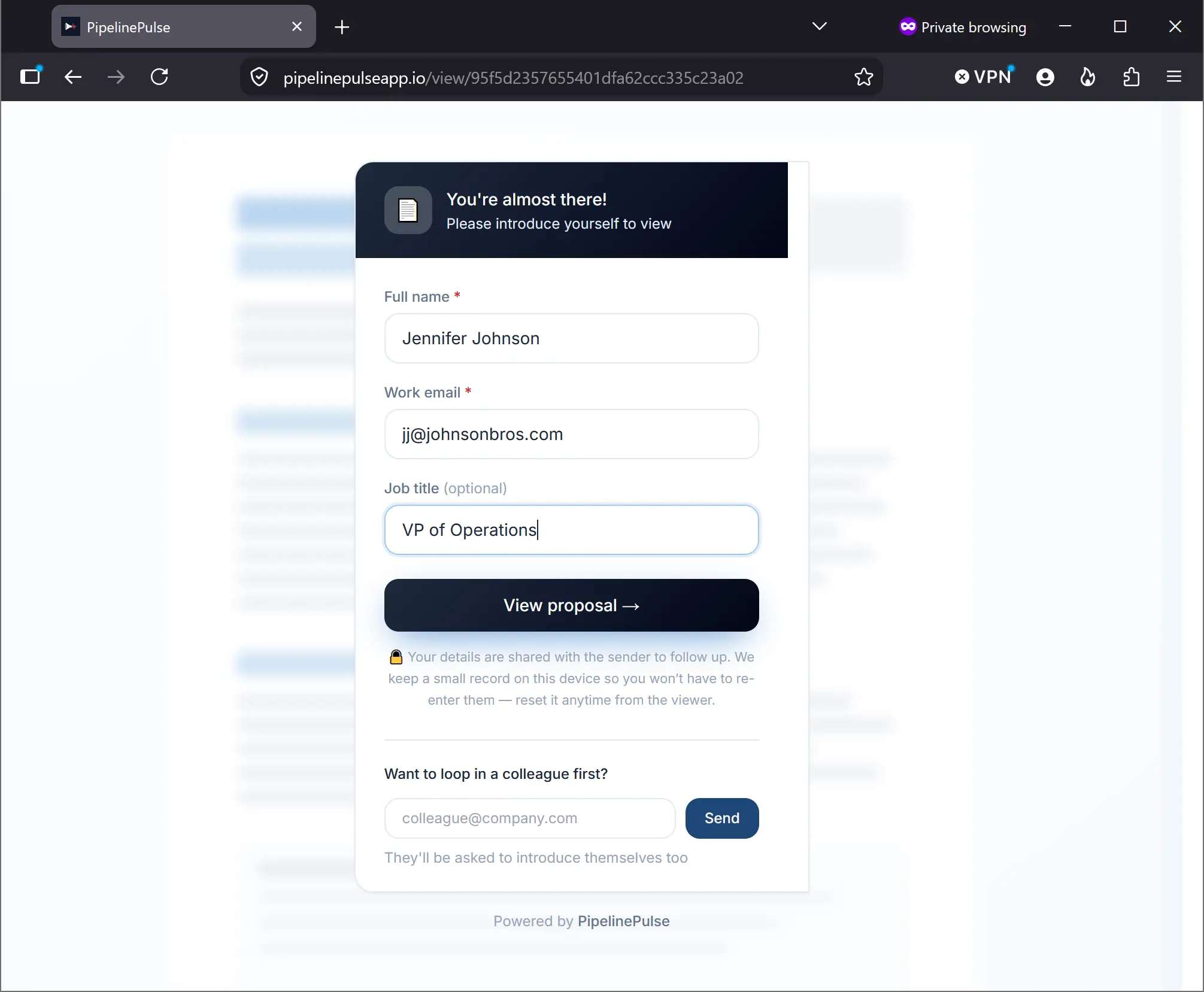 The PipelinePulse stakeholder gate where a viewer enters their name, work email and job title before opening the proposal