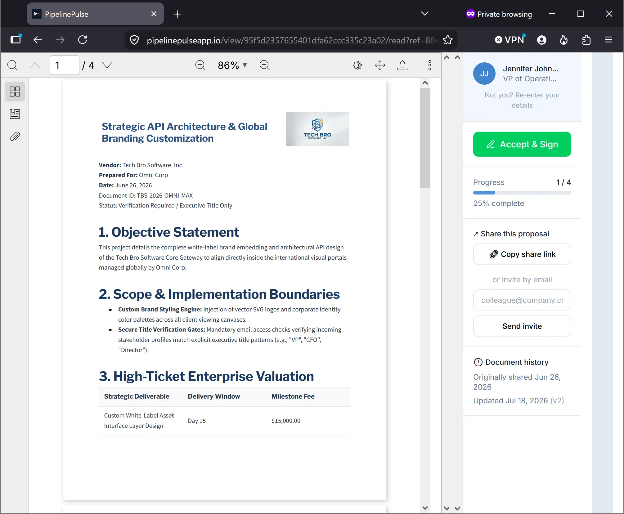 A proposal PDF open in the PipelinePulse viewer with an Accept and Sign button and reading progress in the side rail