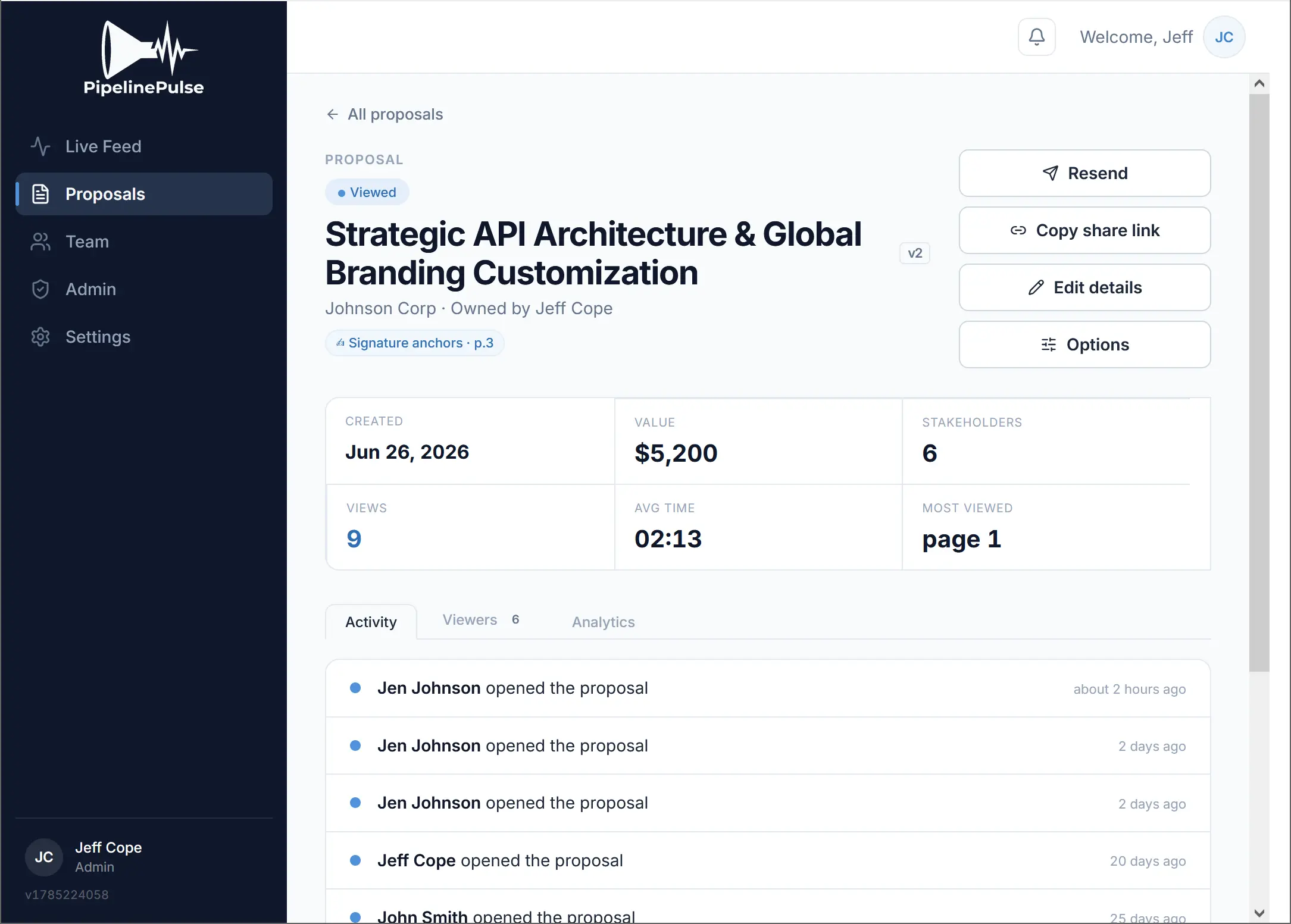 The PipelinePulse proposal page showing viewed status, deal value, stakeholder count, views, average time, most-viewed page and the activity feed
