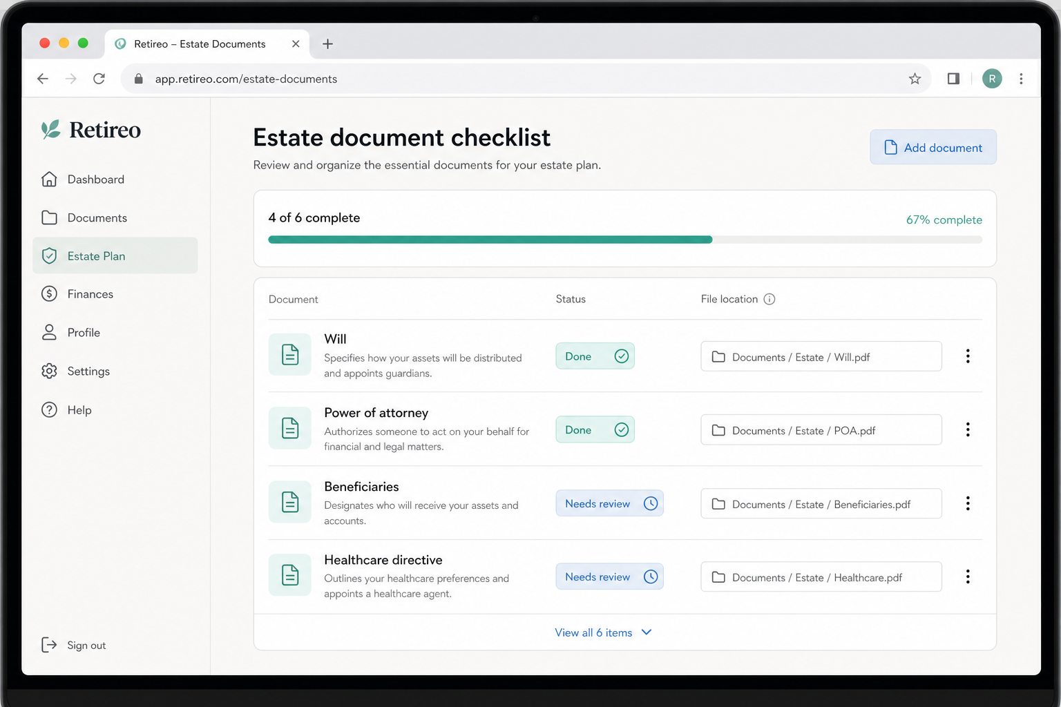 Retireo estate document checklist interface