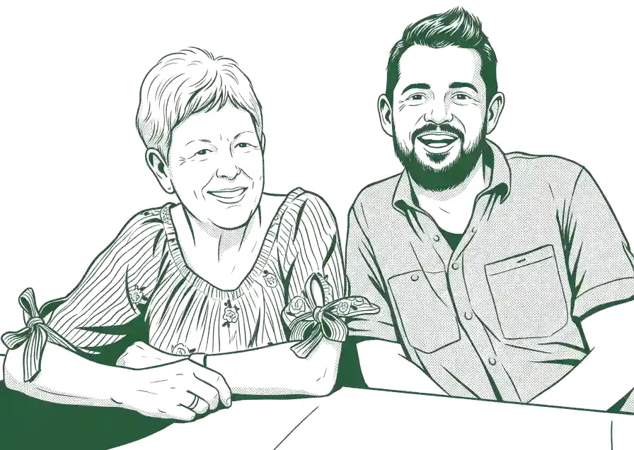 Zeichnung der Gastgeber Edelgard und Moritz Ebner